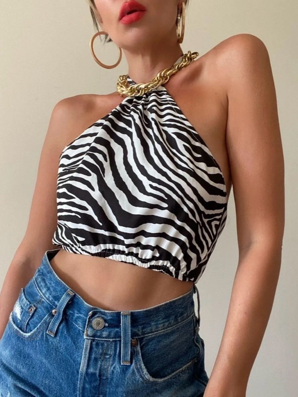 Et Clet Backless Zebra Halter Top